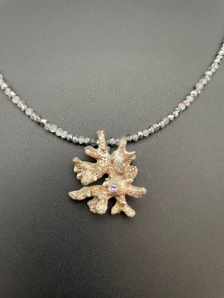 Sterling Silver Coral Necklace w/Tiny Purple Sapphire