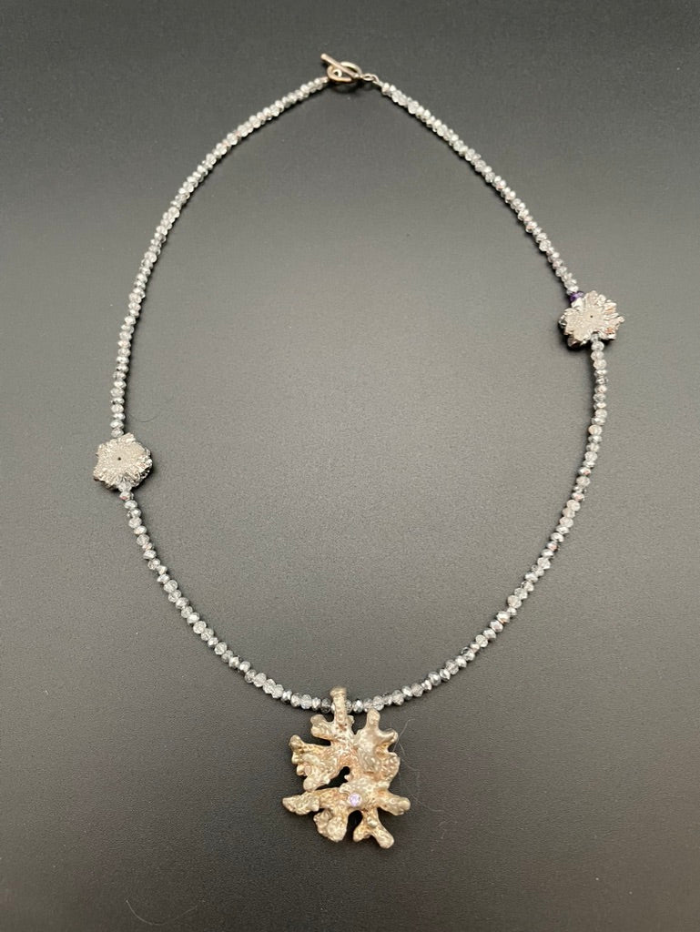 Sterling Silver Coral Necklace w/Tiny Purple Sapphire
