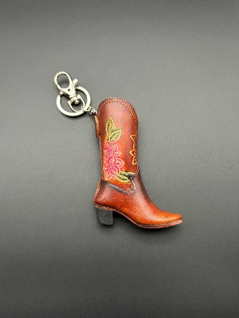 Leather Cowboy Boot Keychain-- brown