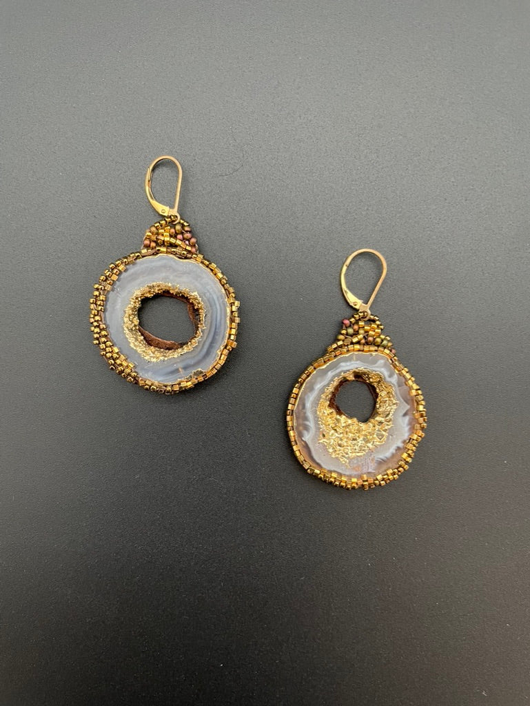 Gold Beaded Round Geode Earrings by Ilana