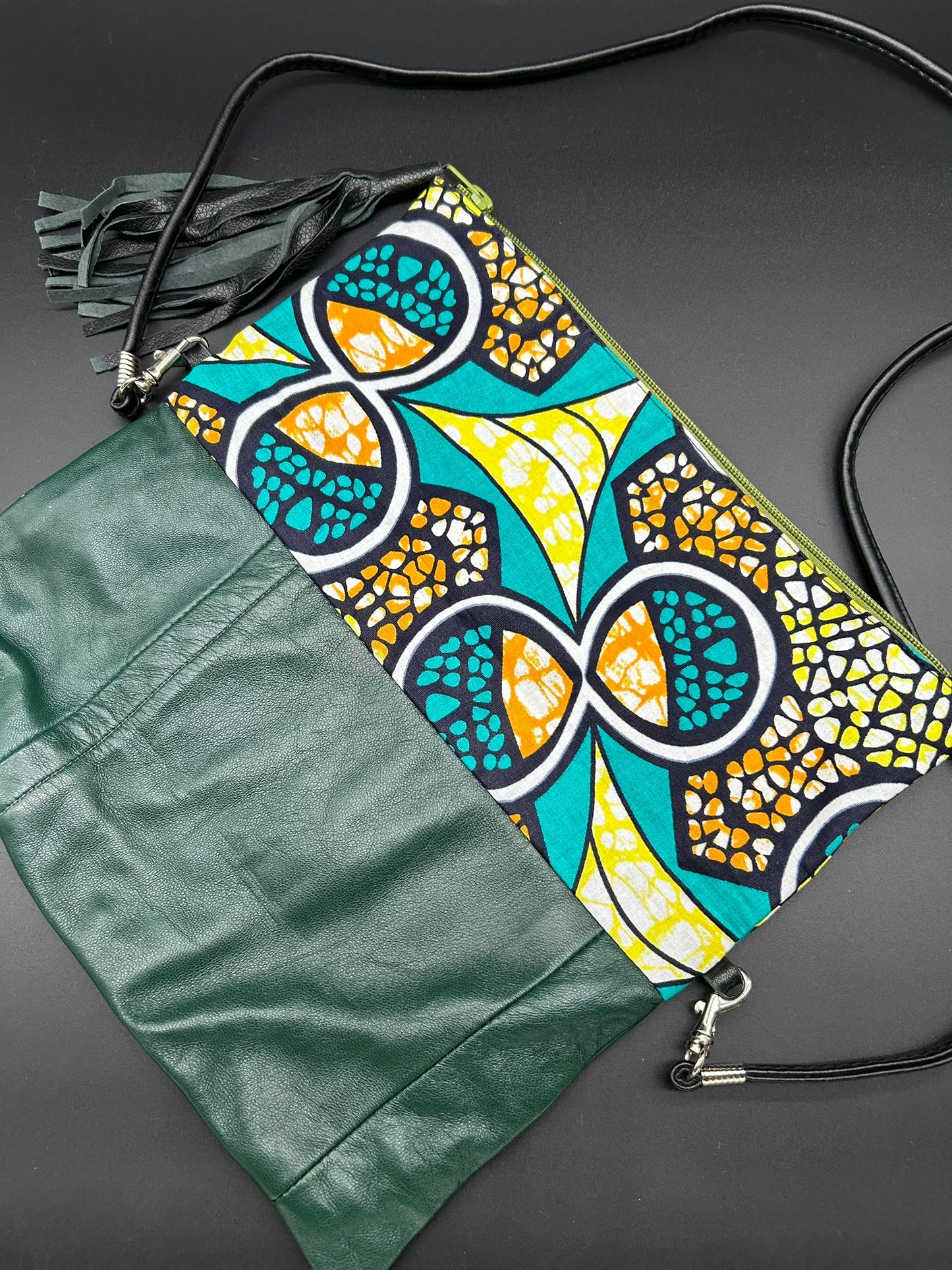 Green Leather Crossbody Bag with African Fabric