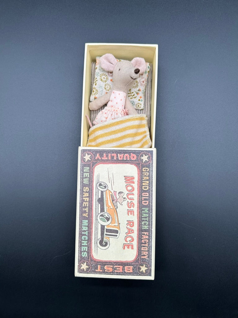 Maileg Little Sister Mouse in Matchbox Bed