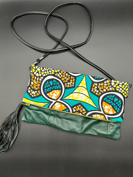 Green Leather Crossbody Bag with African Fabric