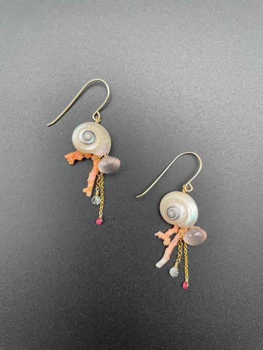 Coral and Crystal Shell Earrings by Philippa