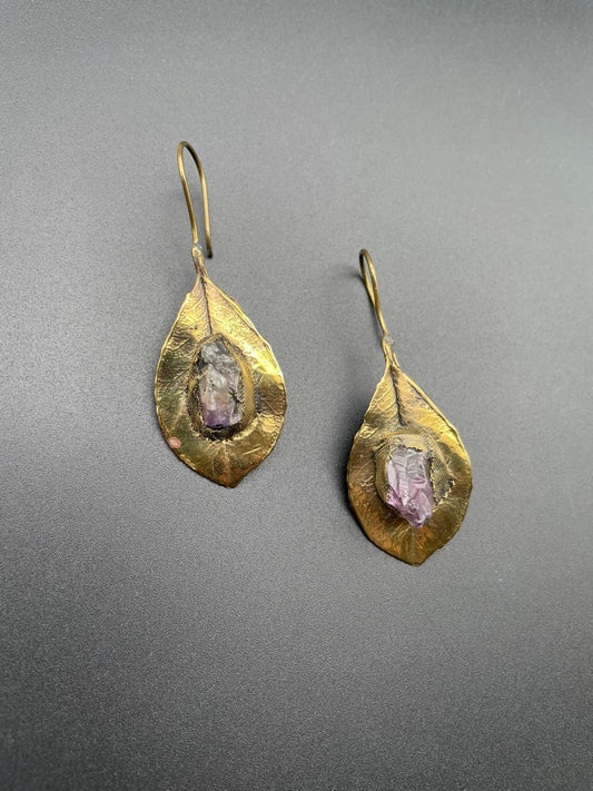 Bronze and Amethyst Selen Leaf Earrings