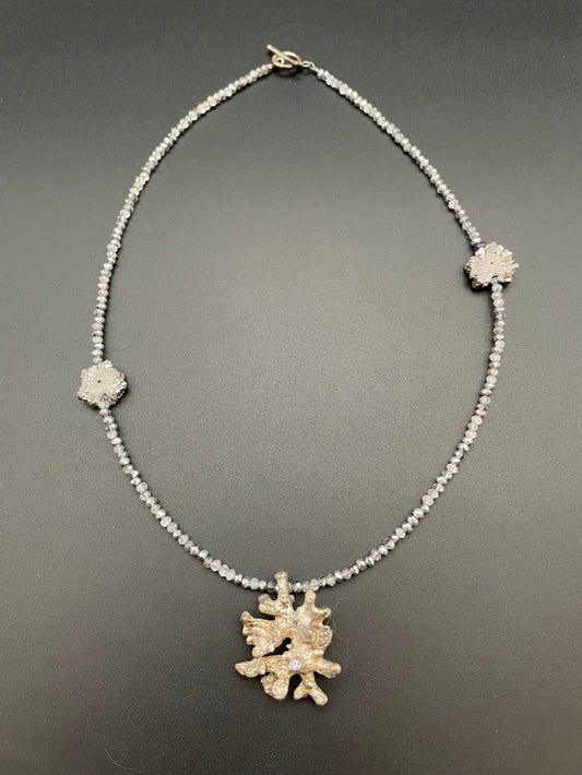 Sterling Silver Coral Necklace w/Tiny Purple Sapphire