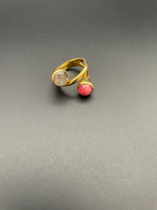 Rutilated Quartz and Coral Ring by Theofilos