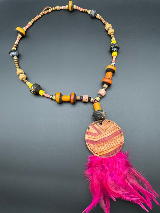 Leather Feather Tribal Necklace by Joykech-- pink