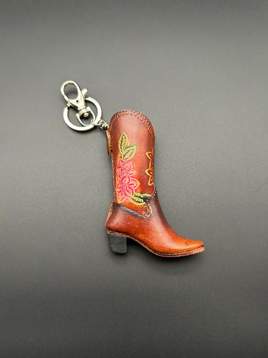 Leather Cowboy Boot Keychain-- brown