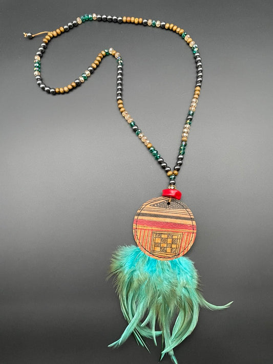 Leather Feather Tribal Necklace by Joykech-- turquoise