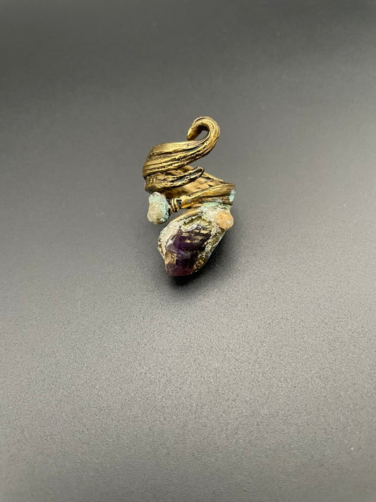 Amethyst and Crystal Quartz Bronze Selen Swirl Ring
