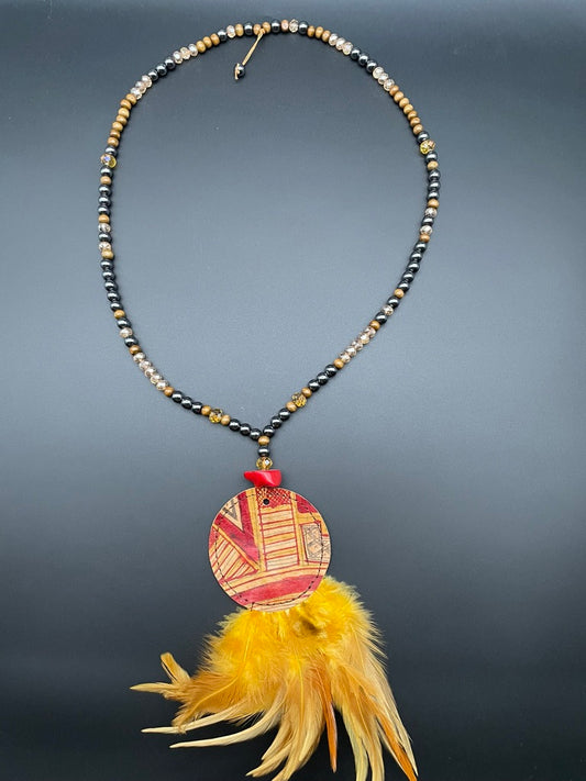 Leather Feather Tribal Necklace by Joykech-- yellow