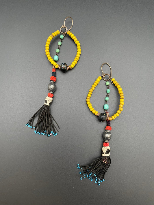 Long Mustard Yellow Uzbek Tassel Earrings by Heather Haase